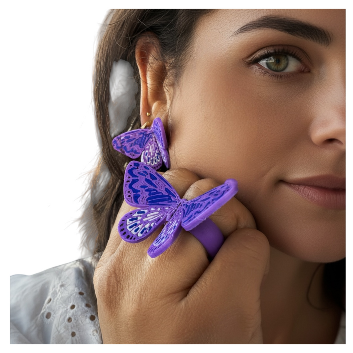 Mariposa Earrings, Amatista colorway, violet wings, 3D printed in PLA. CATE.