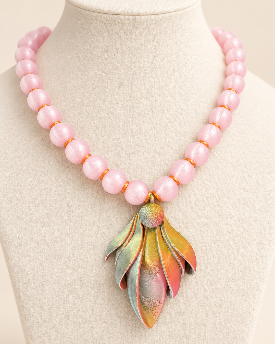 Alborada Frailejón necklace by CATE, pink clear beads with an iridescent gold and orange pendant, shown on a bust.