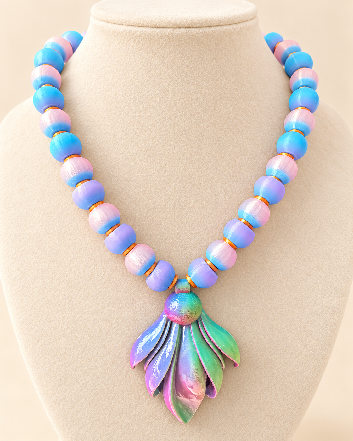 Neblina Frailejón necklace by CATE, pink clear ombré beads with a UV resin finish pendant, shown on a bust.