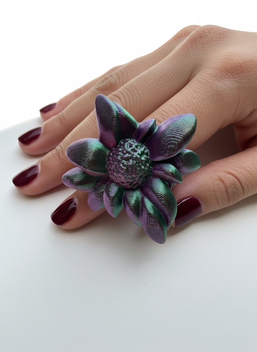 Hand wearing a turquoise flower-shaped ring on a dark background